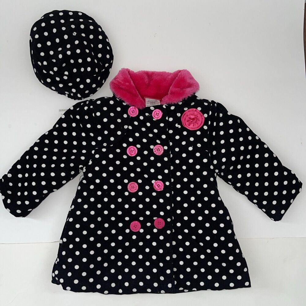 Penny M Coat & Hat Black/White Polka Dot w/Hot Pink Faux Fur Size 2T Girl's